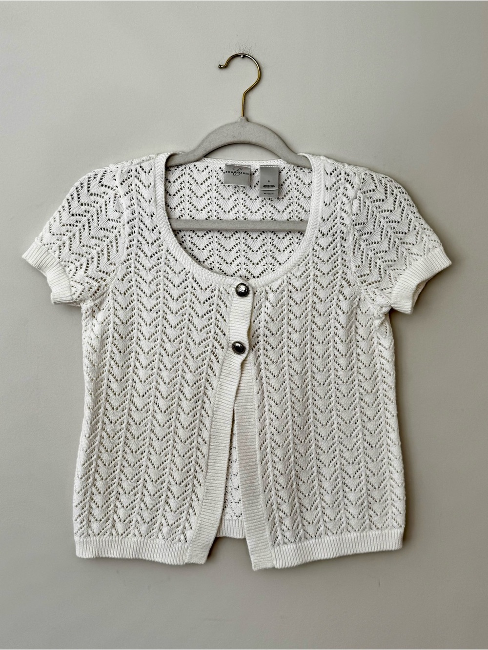 Y2K Emma James 100% Cotton Crochet Knit Open Front Cap Sleeve Cardigan – Small